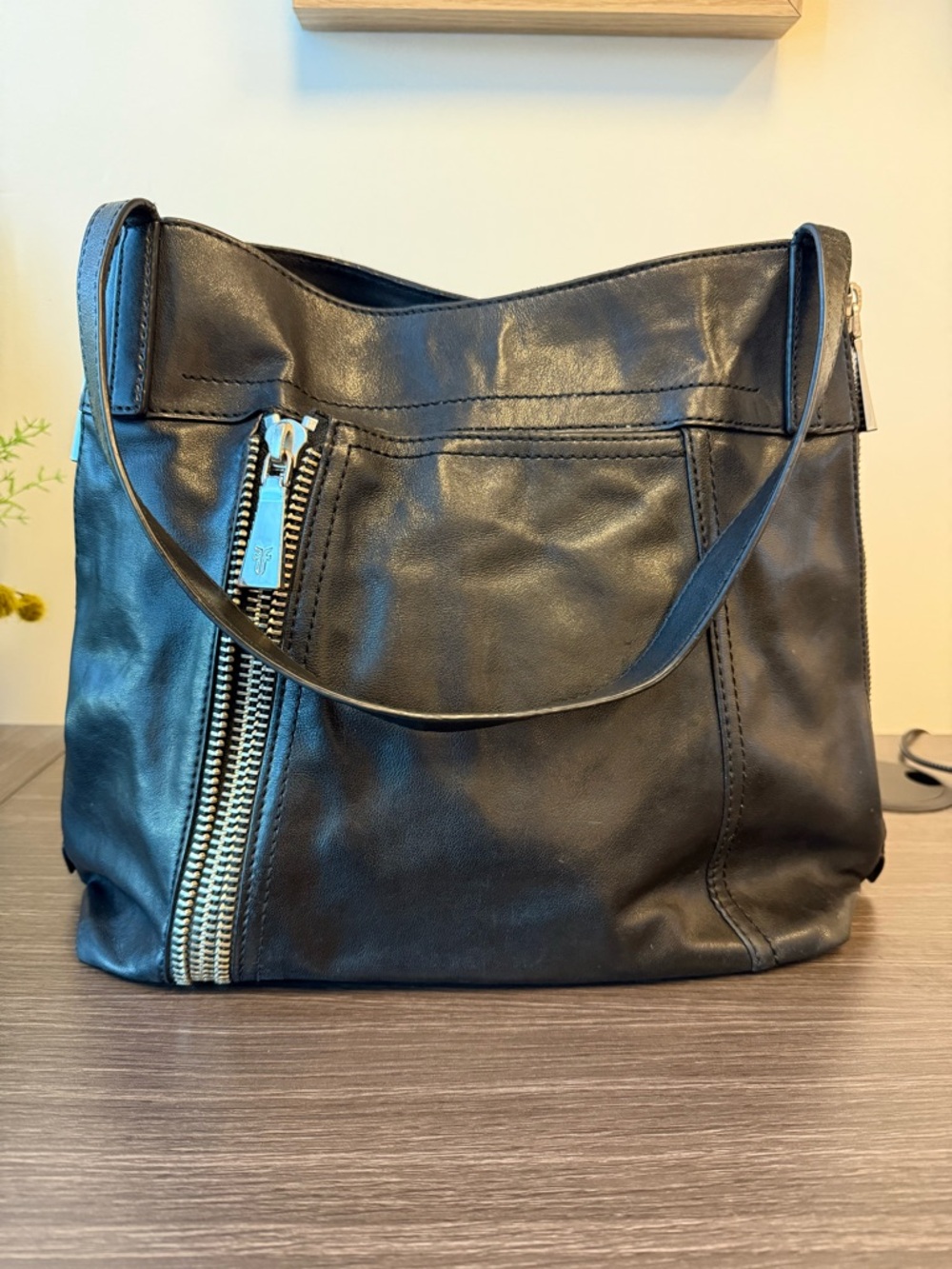 Frye Lena Leather Black Shoulder Bag | Silver Zip & Magnetic Closure Pockets